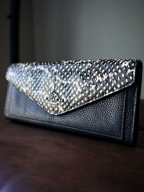 Coach Black Pebbled Leather Wallet with Black & White Snakeskin-Effect Flap